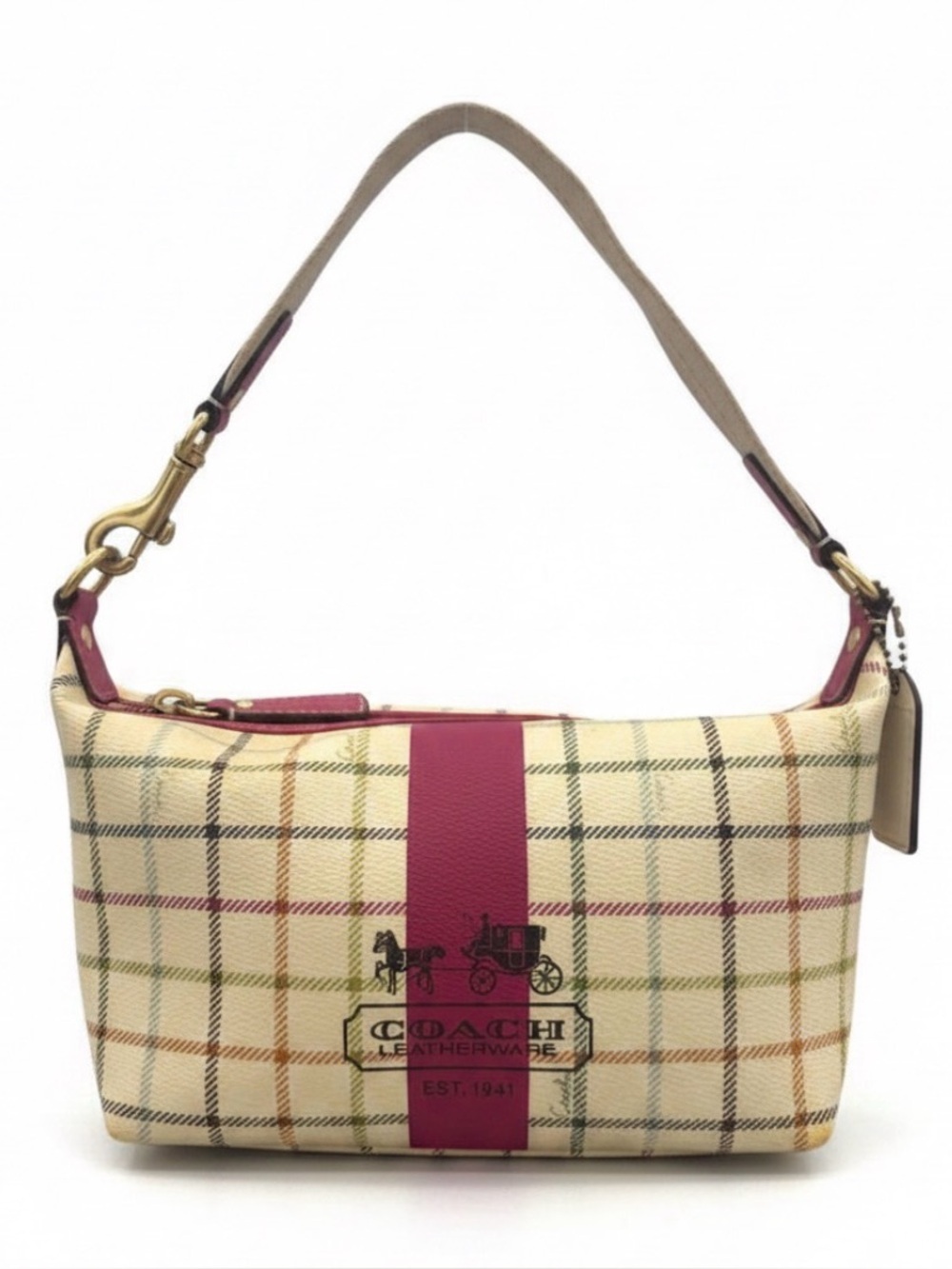 Coach Vintage Heritage Tattersall Plaid Hobo Bag Pink Stripe & Carriage Logo